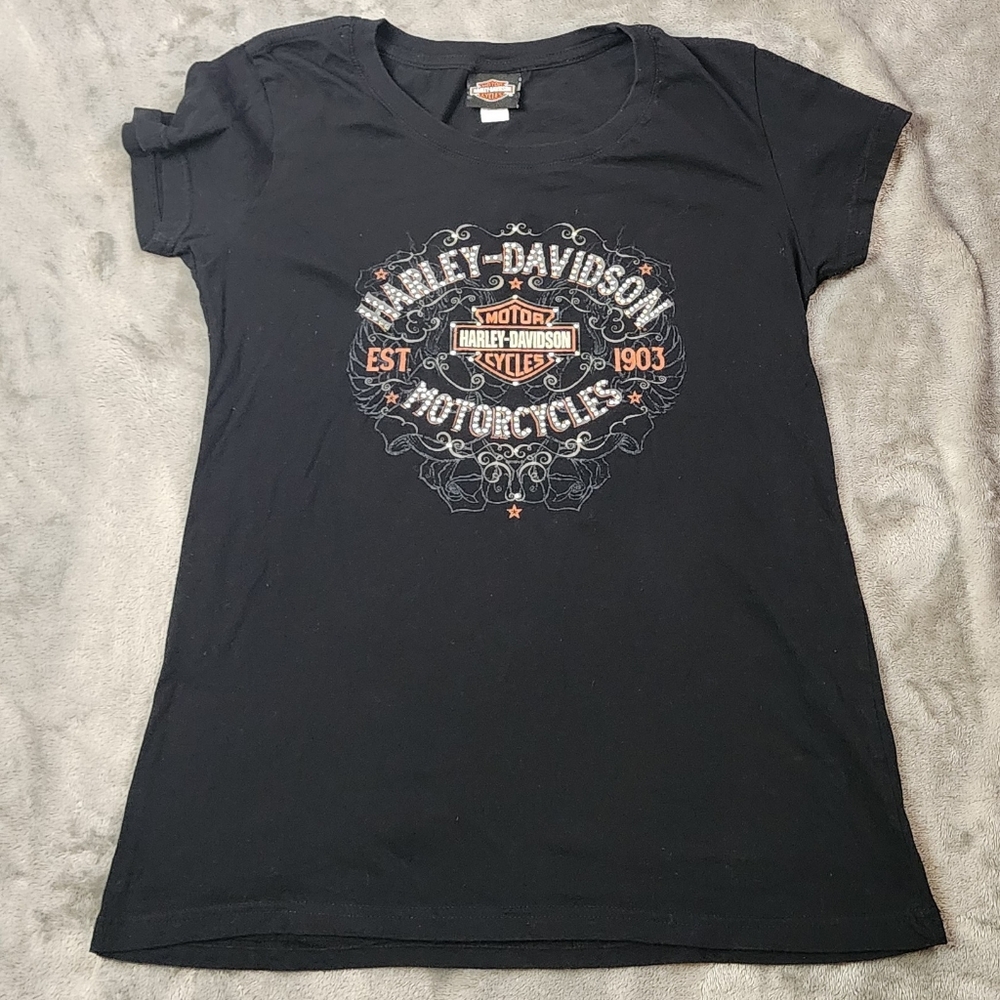 Harley-Davidson Shirt Ladies Medium Black Rhinestones Est 1903 Ornate graphic